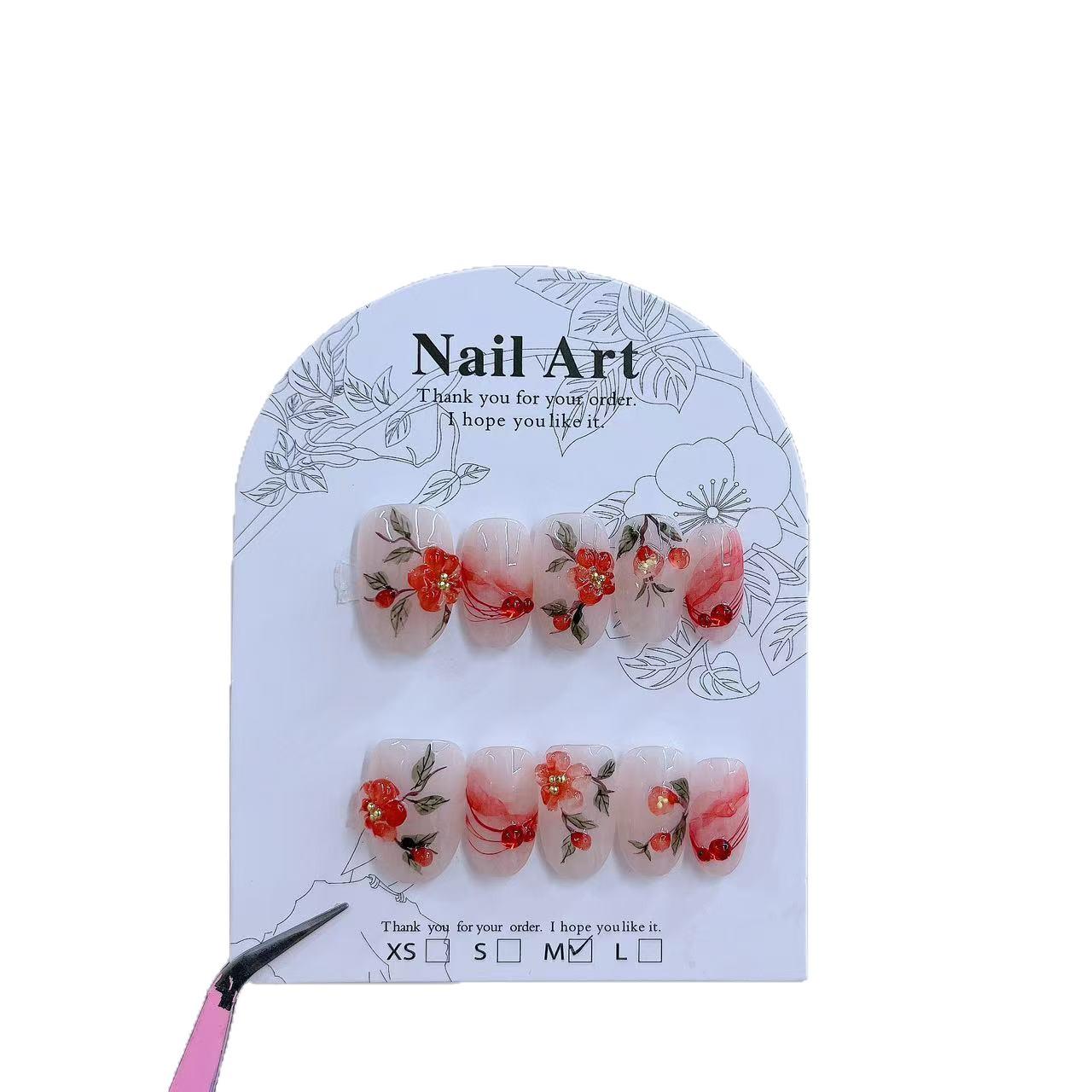 Jia Zhi Mu Wearable Armor Winter Series: Nude Plum Blossom Floral Short Oval False Nails Large