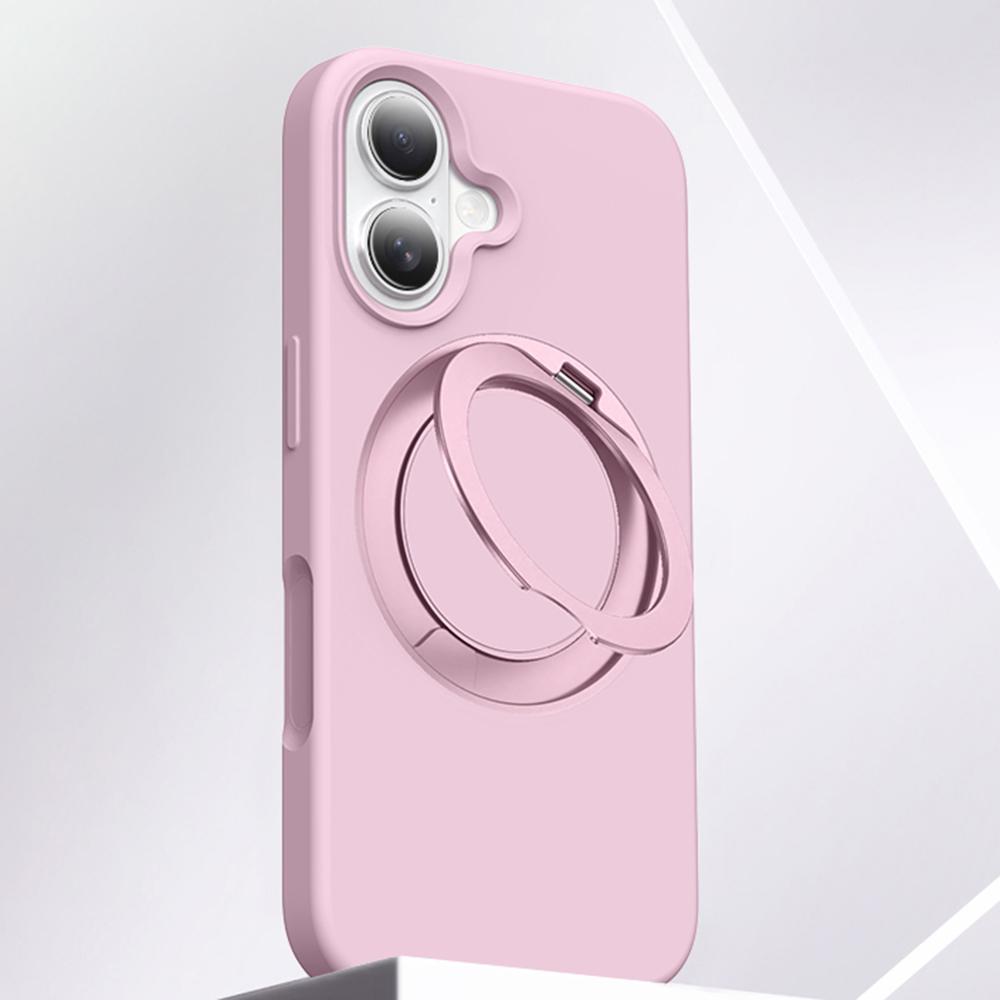 

For iPhone 16 Case Rotating Kickstand Silicone+PC Phone Cover with Camera Touch Control Button Pink