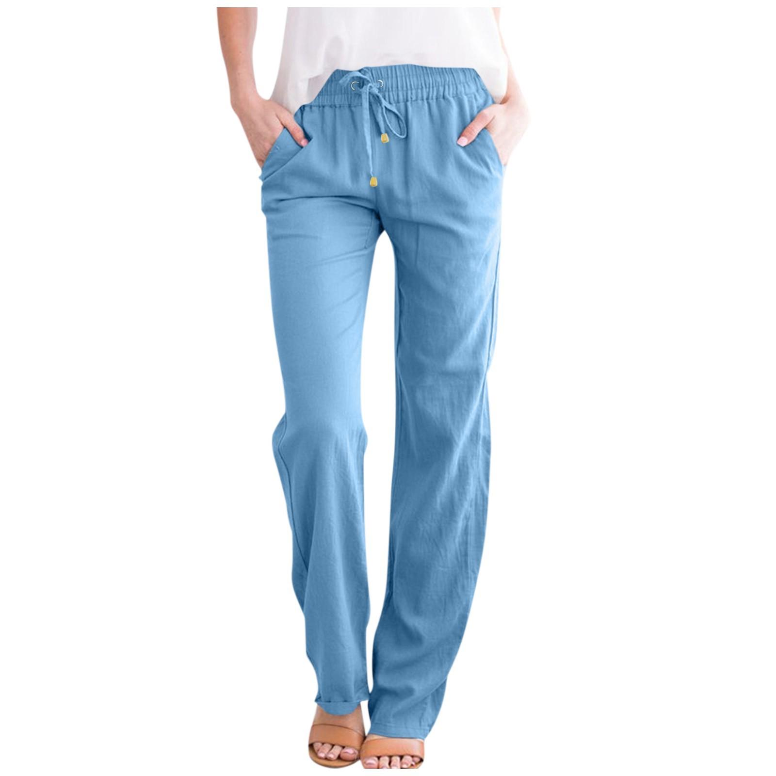 

Женские повседневные хлопковые и льняные однотонные длинные прямые брюки с эластичной резинкой на талии XXXL светло-синий