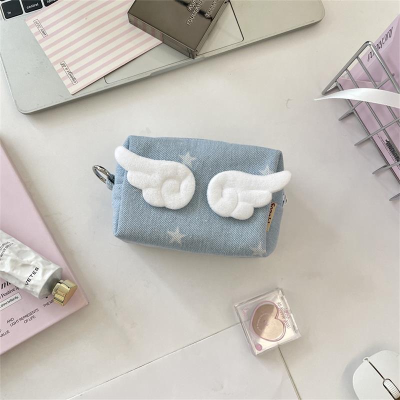 New Winged Coin Purse Mini Color Block Storage Card Pack Stylish Star Bow Decorati Earphe Bag Portable Student Denim Handbag