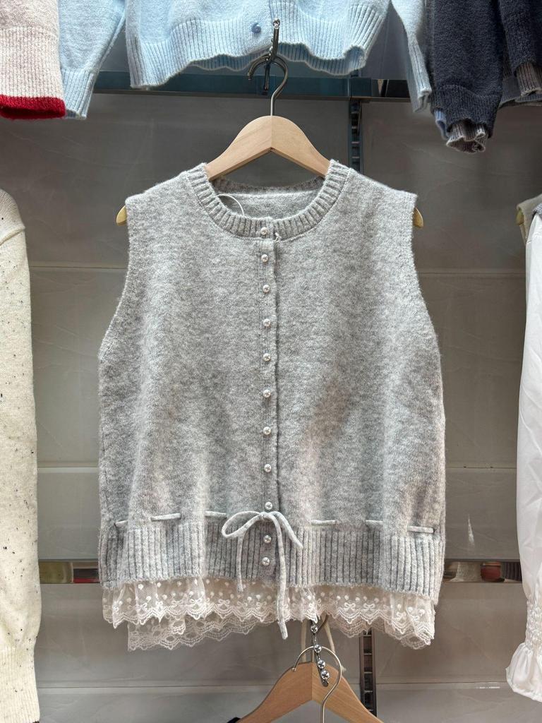 KANING Mjuk stickad väst med spetskant - 2025 Höst/Vinter Lager-tröja