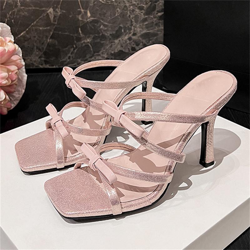 Eilyken High Quality Butterfly-kont Narrow Band Square Toe Woman Slippers Summer Elegant Thin Heels Party Slide Shoes