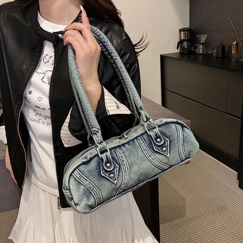 Niche design bowling bag women's large capacity shoulder bag retro trend women's denim handbag