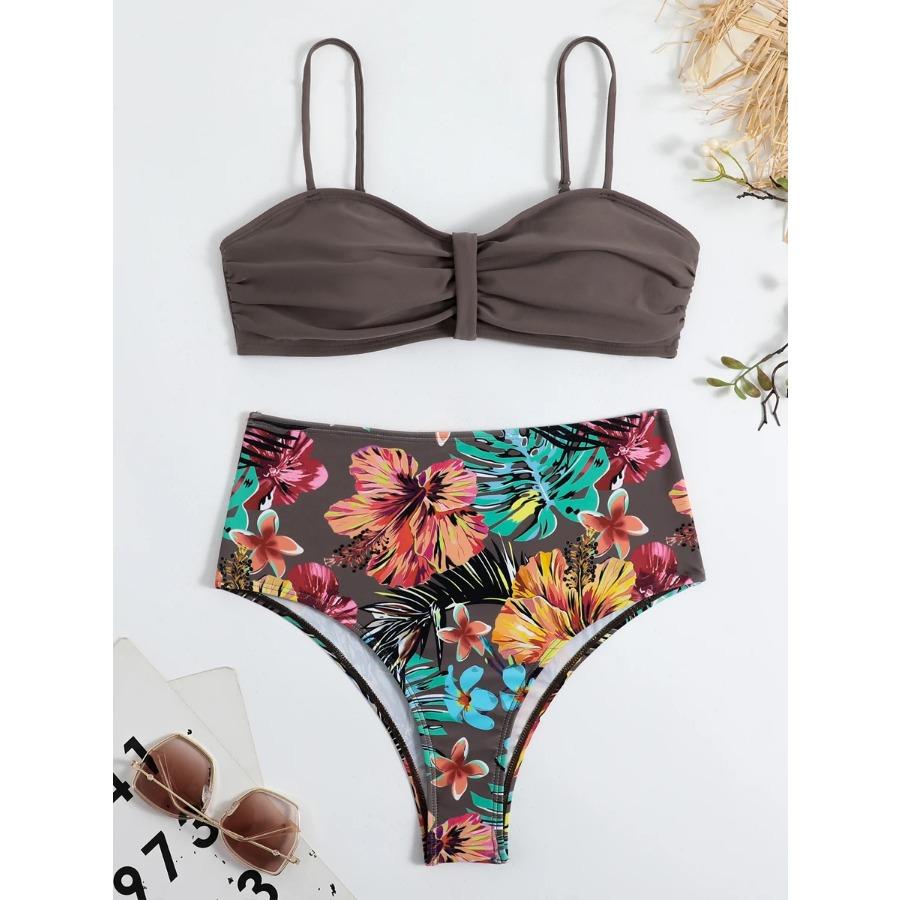 Sexy Solide Bandeau Bikini Set Frauen Tropical Gedruckt Bademode Weiblichen Push-Up Badeanzug Hohe Taille Badeanzug Krawatte Zurück Beachwear