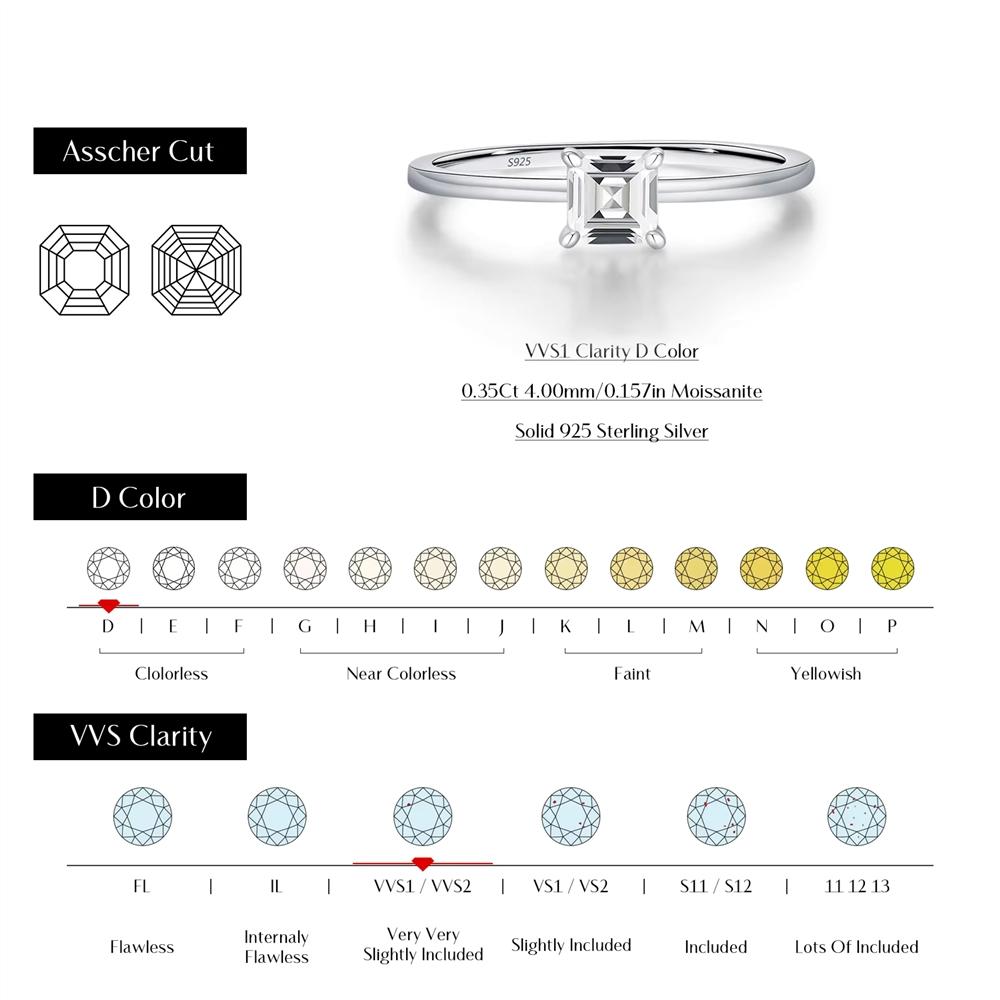 925 Sterling Silver Trendy Asscher Cut D Color Moissanite Finger Rings for Women Wedding Engagement Statement Jewelry