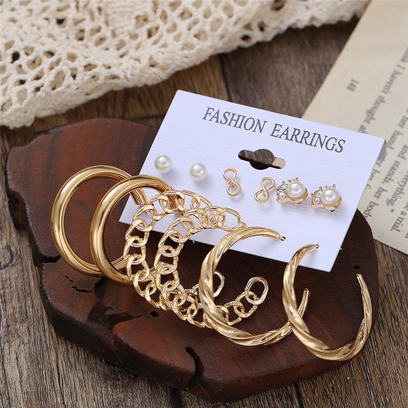 Retro Gold French Geometric Pearl Stud Earrings - 6 Piece Set