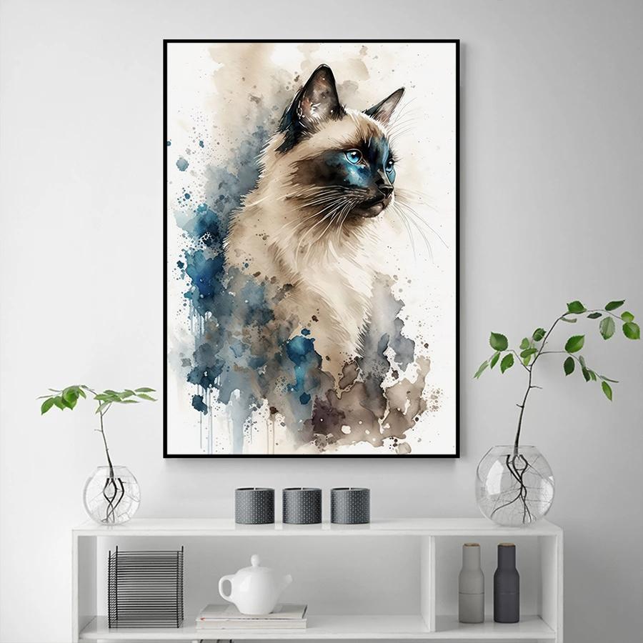 Retro Elegant Cute Watercolor Siamese English Short Cat Art Poster Oil Canvas Printed Mural Living Room Bedroom Home Decoration