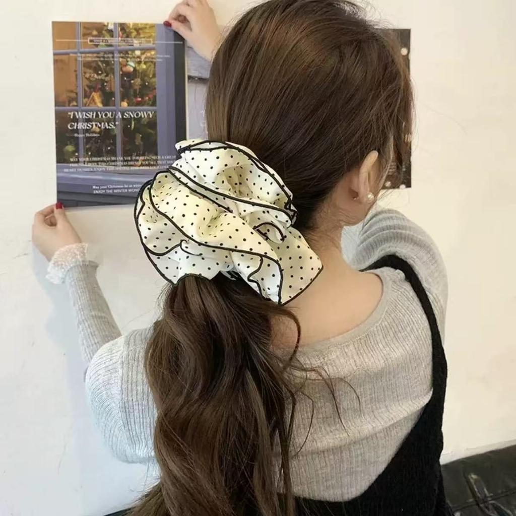 1pc Black and White Polka Dots Four-layer Pleated Large Intestine Hair Ring,simple and Elegant Head Flower Tied Ponytail and Bun