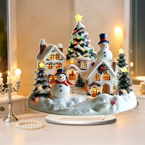 Festlicher Desktop-Schmuck für den Winter Weihnachten Acryl-Ornament, 2D Flaches verschneites Häuschen mit Sockel, Saisonal Detaillierter Druck Nikolaus Schneemann Tisch