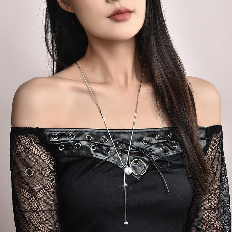 Factory Titanium Steel Pearl Necklace Women'S High Sense Elegant Fashion Pearl Long Necklace Autumn And Winter Sweater Chain Pendant
