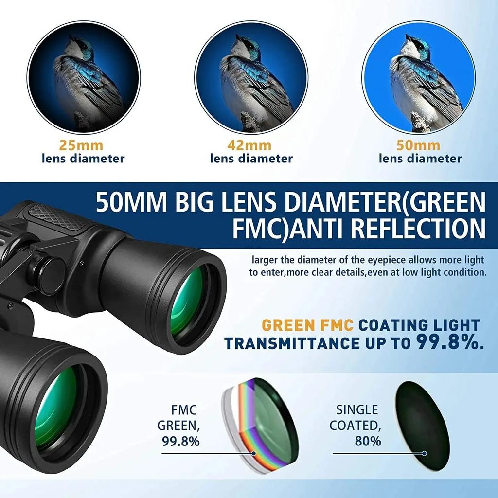 20x50 Hd Binoculars For Adults With Bak4 Prism - Waterproof Compact For Bird Watching Hunting Travel Concert