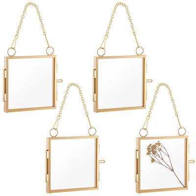 4Pcs Wall Hanging Brass Double Folding Picture Frames, with Glass Window, for Home Decoration, Golden, Square, 118mm