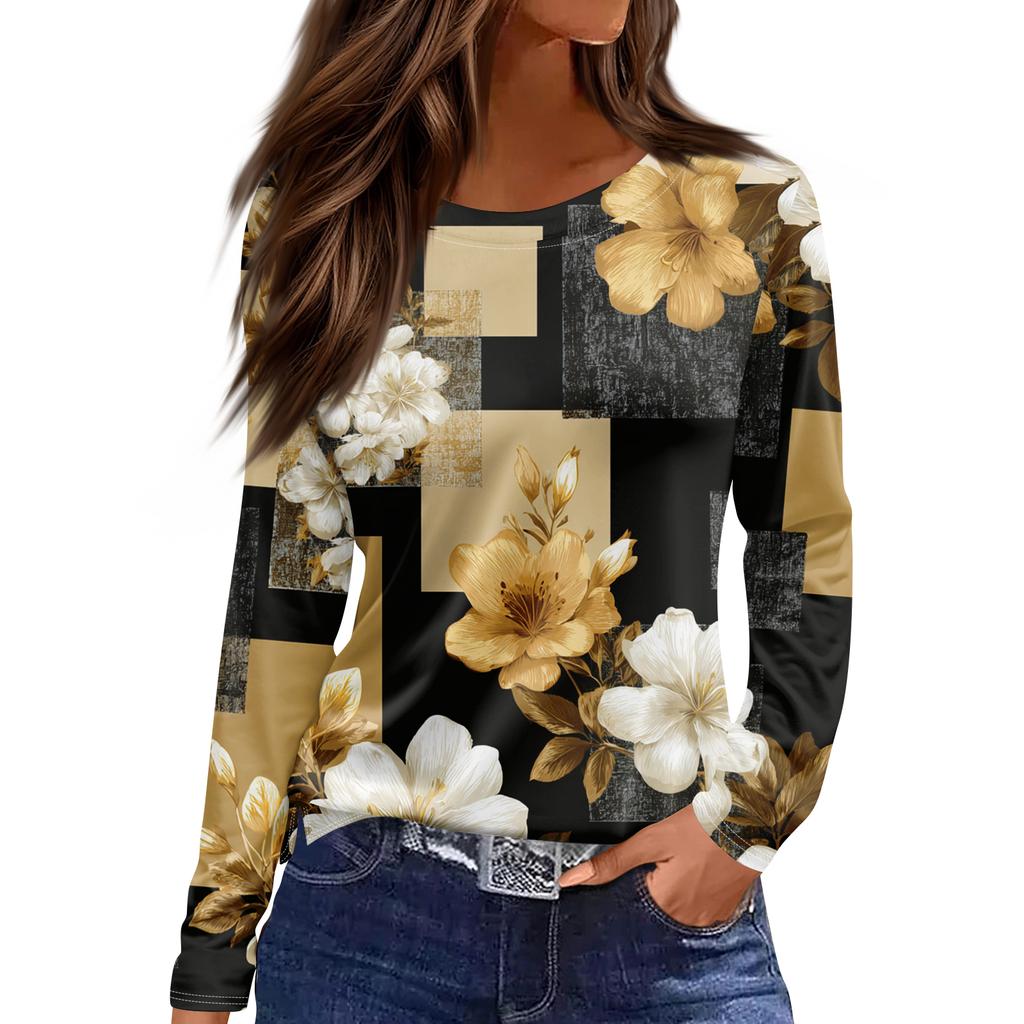 Women's Fashion Hem Slit Casual Retro Floral Print Round Neck Long Sleeve Top