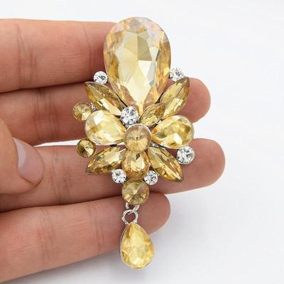 Luxury Yellow Teardrop Crystal Brooch: Large European & American Style Fashion Pendant