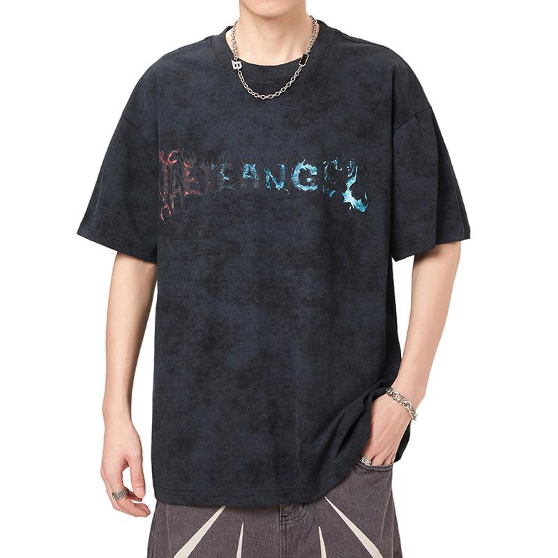 New Summer High-density Knitted Loose Printed Men's T-shirt Short-sleeved