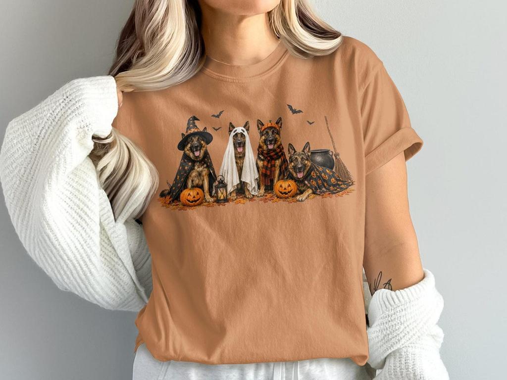GSD Halloween Shirt, German Shepherd Graphic Design with Ghosts and Pumpkins