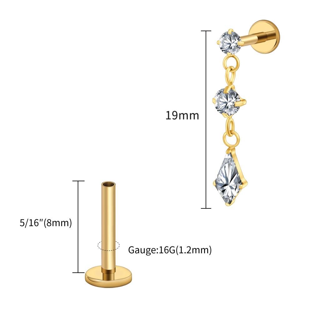 Right Grand ASTM F136 Titanium Dangling CZ Drop Piercing 16G Dangle Chain Kite Shape Cartilage Helix Stud Flat Back Earring