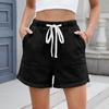 Women's Fashion Solid Color Pocket Curled Edge Elastic Waist Strap Casual Denim Shorts