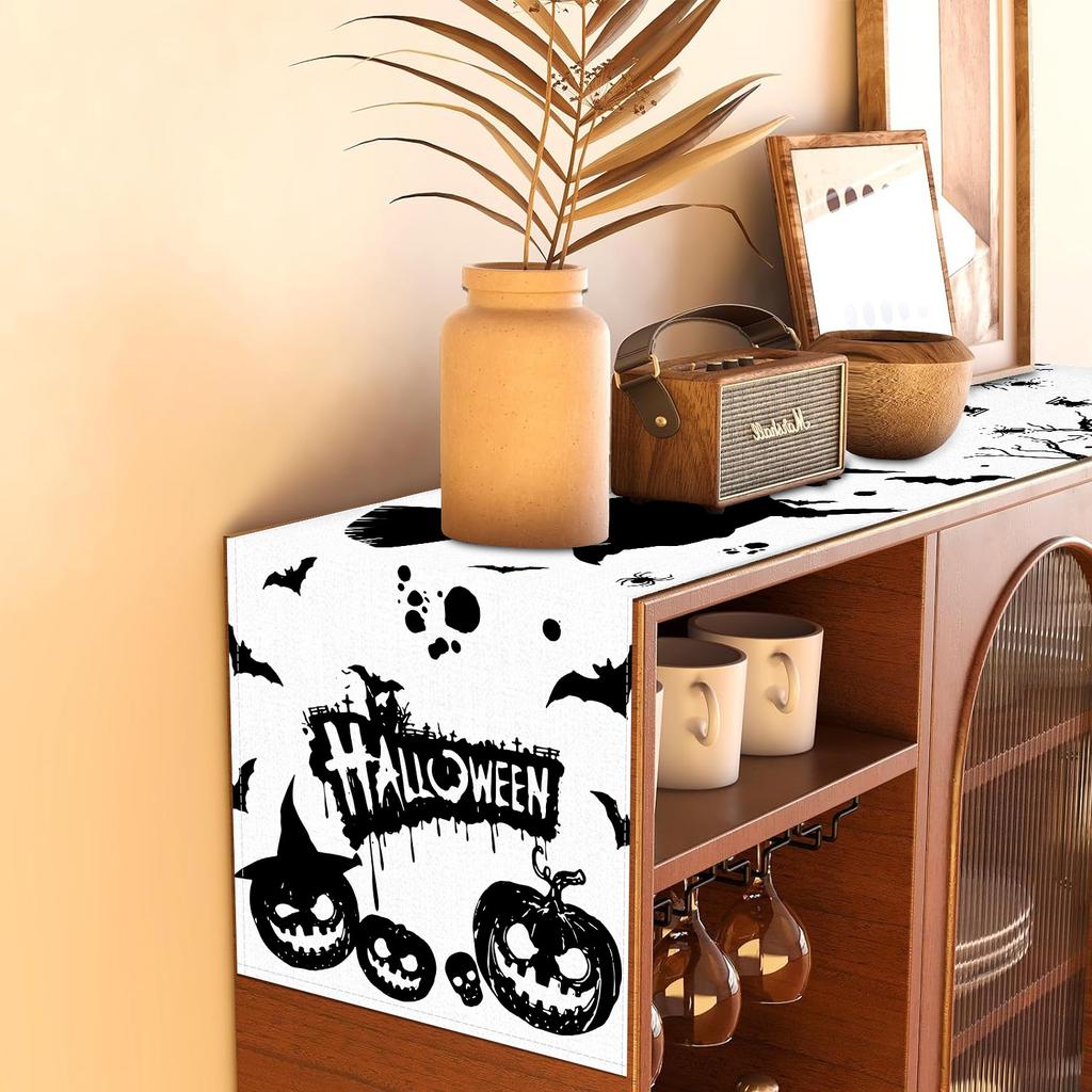 1pc White Black Halloween Table Runner Pumpkin Witch Pattern Dustproof Durable Tablecloth for Halloween Theme Party Decoration