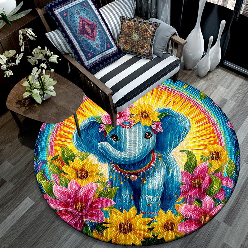 Elephant Round Area Rug,Carpet Rug for Living Room Bedroom Sofa Playroom Decor,Non-slip Floor Mat