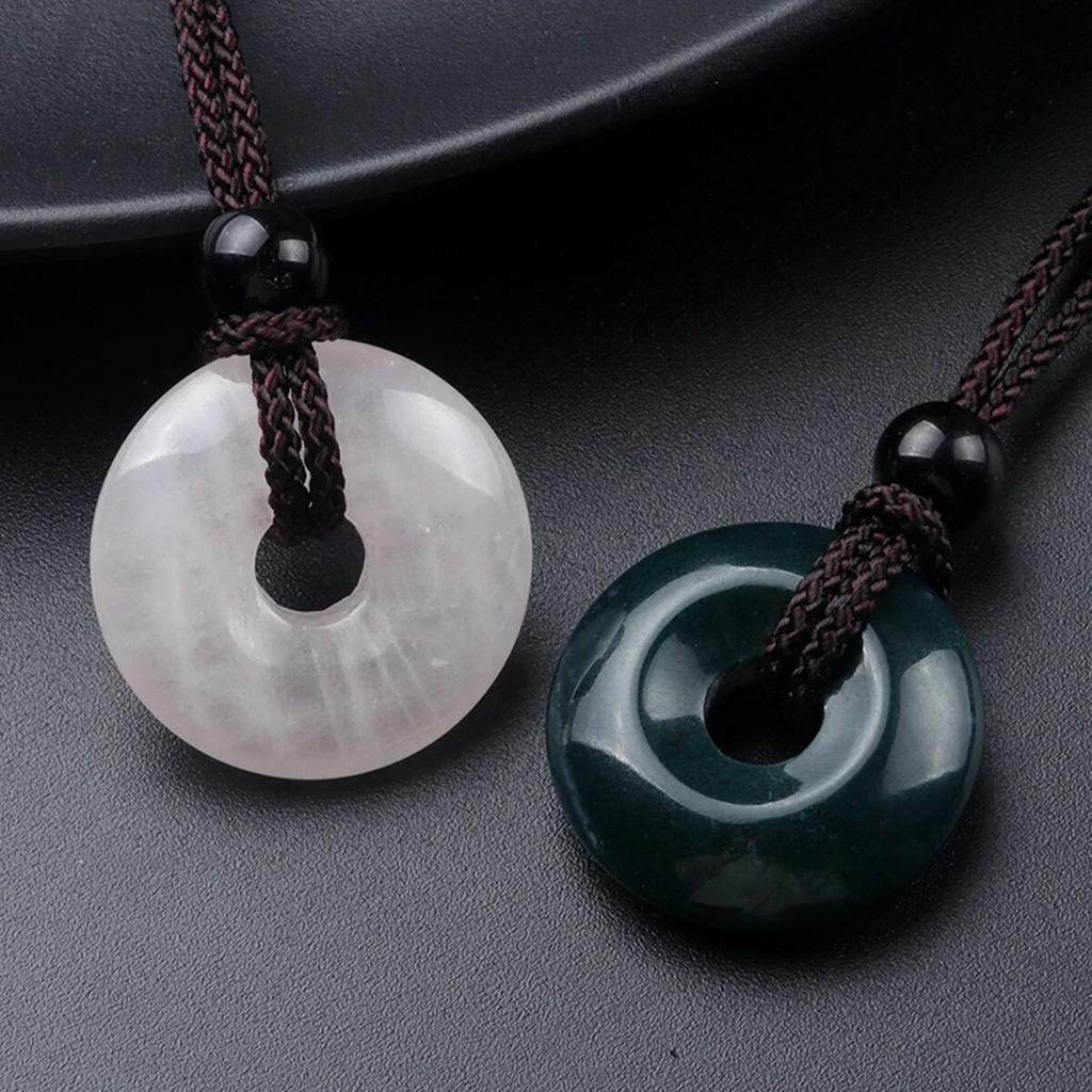 Peace Buckle Necklace Natural Stone Crystal Agates Doughnut Pendant For Girls Women Birthday Gift Chain 32CM