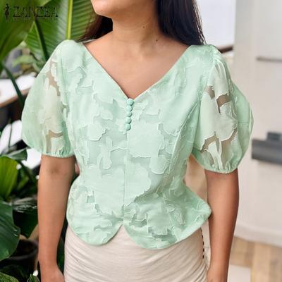 Blusa Feminina Casual de Verão com Decote em V e Manga Bufante de Renda