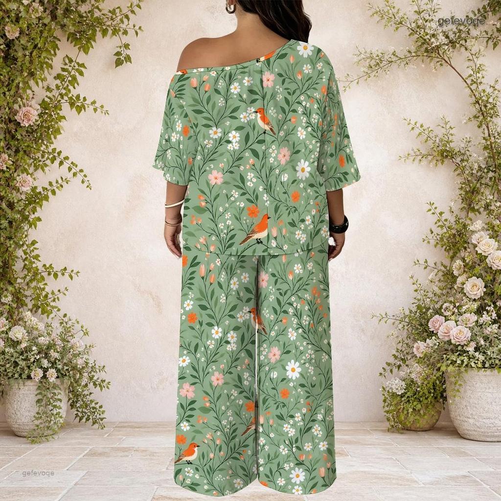 Women Plus Size Two Piece Suit Batwing Sleeve Top Loose Long Pants