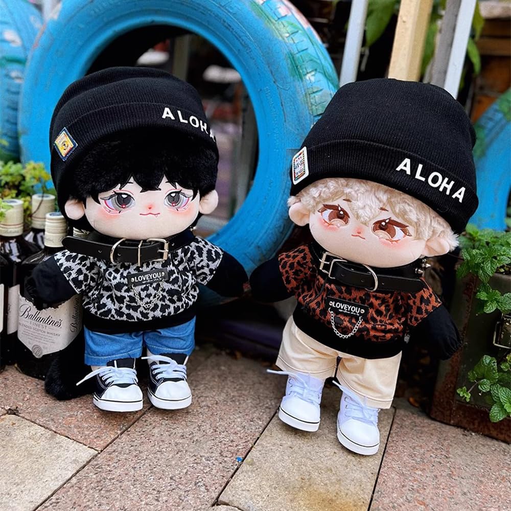 Niannyyhouse 40cm Plush Toy with Leopard Print Stretch Canvas and Accessories Suit, Hat, Hoodie, Shorts, Shoes, (Black)