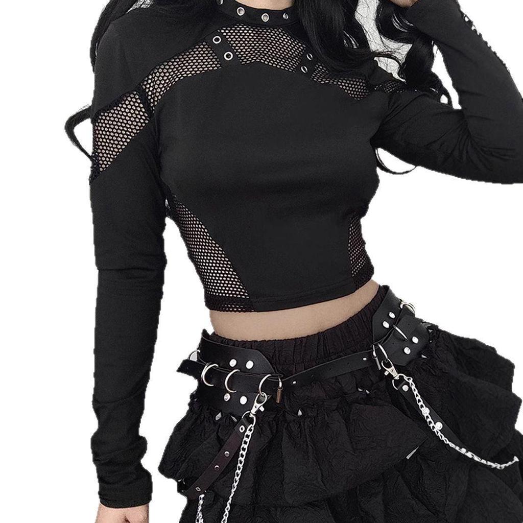 Y2K Women's Punk Mesh Cutout Long Sleeve Slim T-shirt