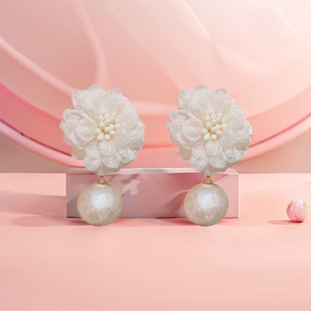 S925 Silver Needle Mesh Flower Stud Earrings Jewelry Gift Fabric Art Pearl Drop Earrings  Summer