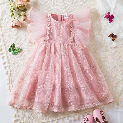 Girls Summer Lace Ruffles Sleeves Solid Casual Dress Kids Dresses for Girls Children Princess Birthday Party Clothes