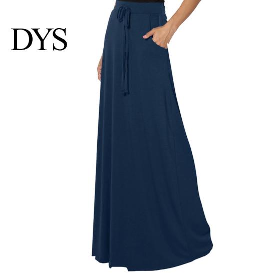 Long Skirt Women Maxi Adjustable Drawstring High-Waisted Solid Color Casual with Pockets Work