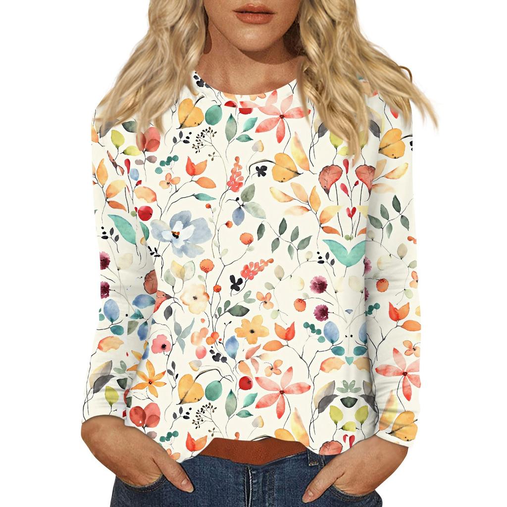 Dámský denní ležérní top s dlouhým rukávem a potiskem s kulatým výstřihem