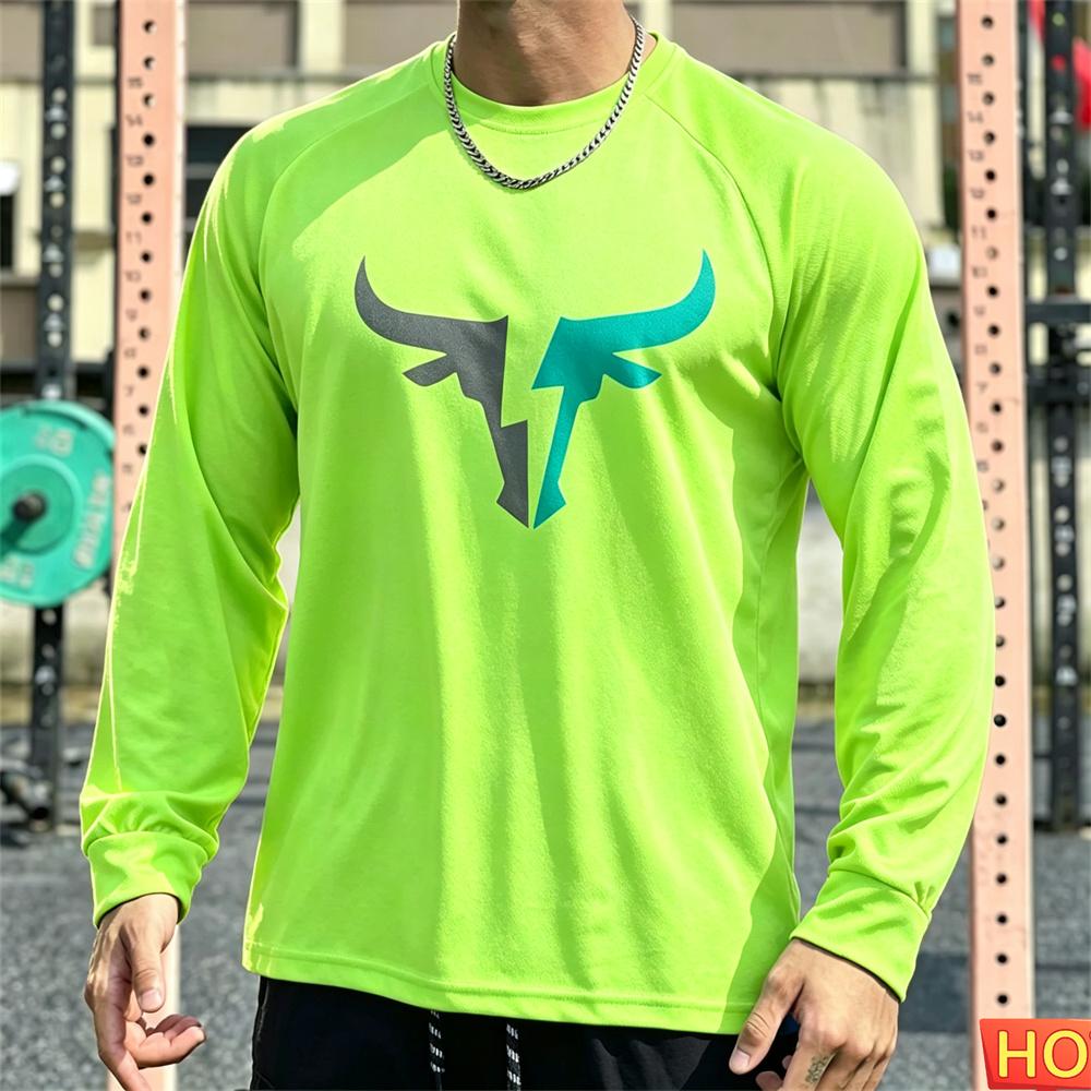 Autumn Men's Long sleeved T-shirt OX Head Men's Fitness T-shirt Polyester Elastic Sports T-shirt Breathable Graphic Gym T-shirt top