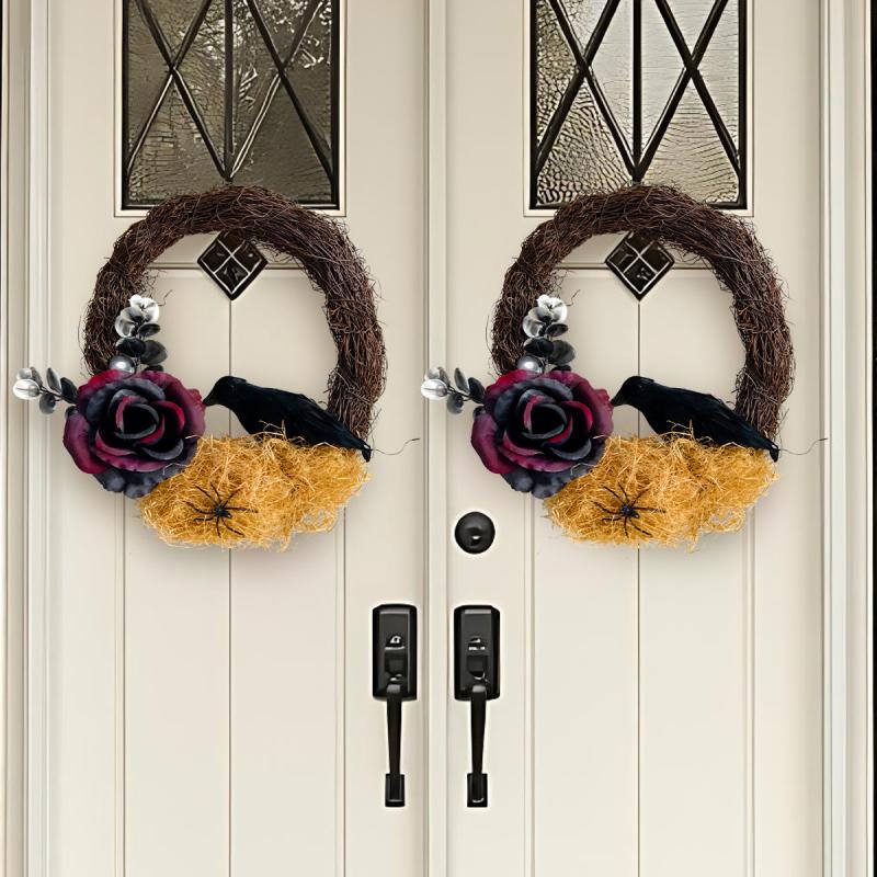 Halloween Dead Branch Rose Crow Wreath Gothic Garland Creepy Decor For Front Door Porch Window Indoor Outdoor Halloween Decor