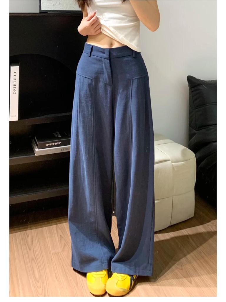 Korean Old Money Style Women's Wide-Leg Cotton Linen Pants, High-Waisted Straight Casual for Spring/Summer 2026.