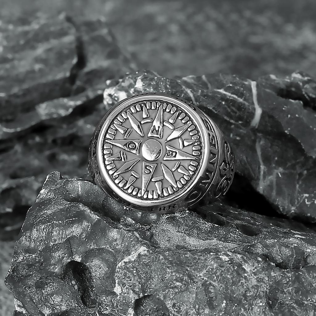 Vintage Titanium Steel Ring for Men Nordic Viking Letter Compass Handmade Boutique Jewelry Gift
