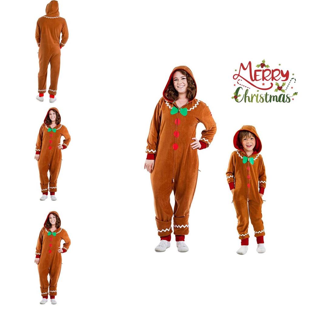 Christmas Gingerbread Man Cosplay Costume Kids Adult Hooded Jumpsuits