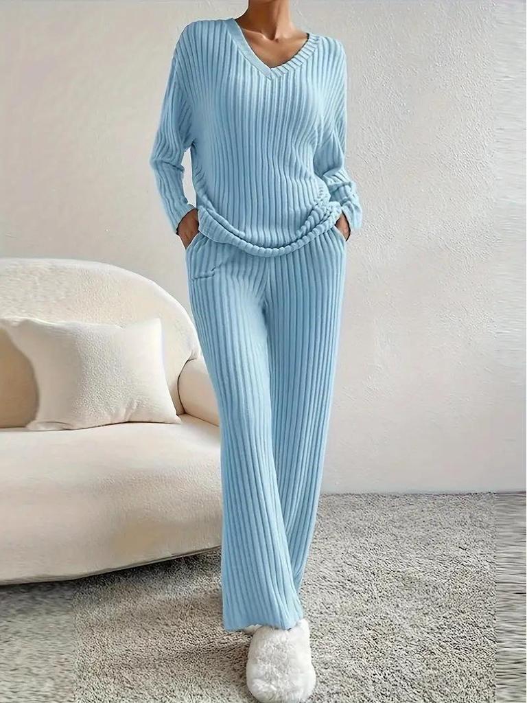 2025 Autumn/Winter V-Neck Ribbed Two-Piece Casual Set: Loose Top & Straight-Leg Pants