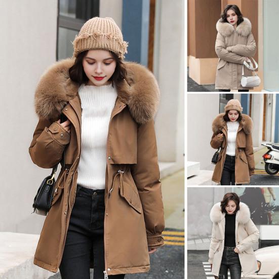 Women's Thicken Fleece Lined Drawstring Parka Windproof Warm Puffer Coat Faux Fur Hooded Down Jacket Winter Outerwear