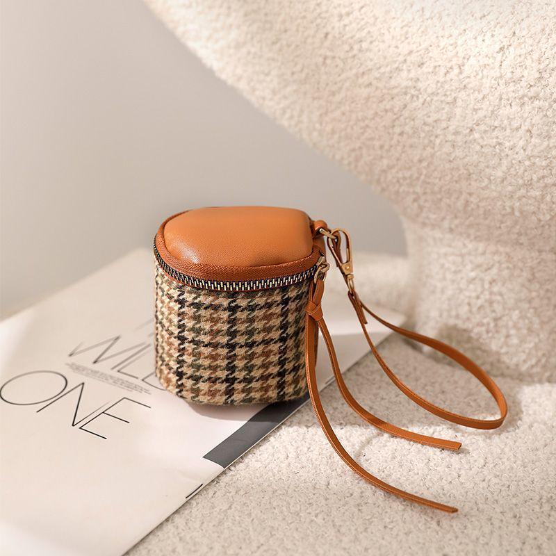 Houndstooth Leather Clutch: Mini Zipper Coin Purse & Red Makeup Bag