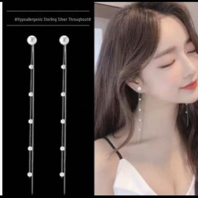 Korean Long Tassel Pearl Stud Fairy Earrings with S925 Silver Needle