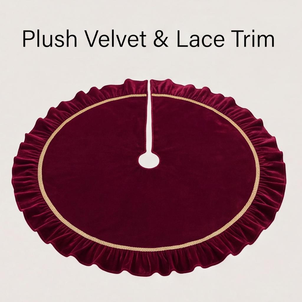 Luxurious Velvet Christmas Tree Skirt Scalloped Lace Trim Tree Base Cover Holiday Home Decoration Xmas Party Apron for Indoor Festive Display 120 cm