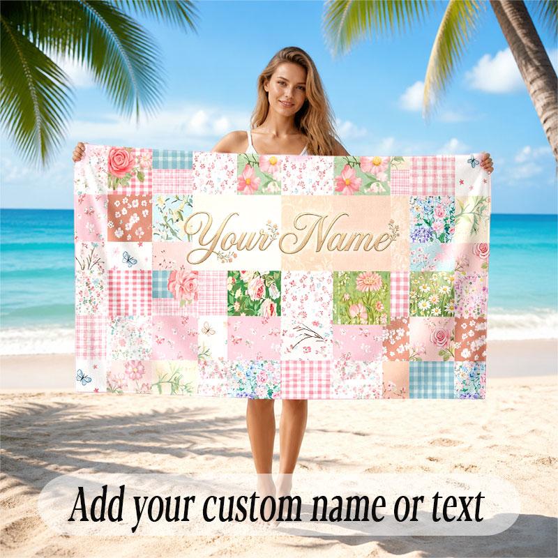 Floral Garden Theme Soft Beach Towel Personalized Custom Name Text Towel Portable for Beach Pool Travel