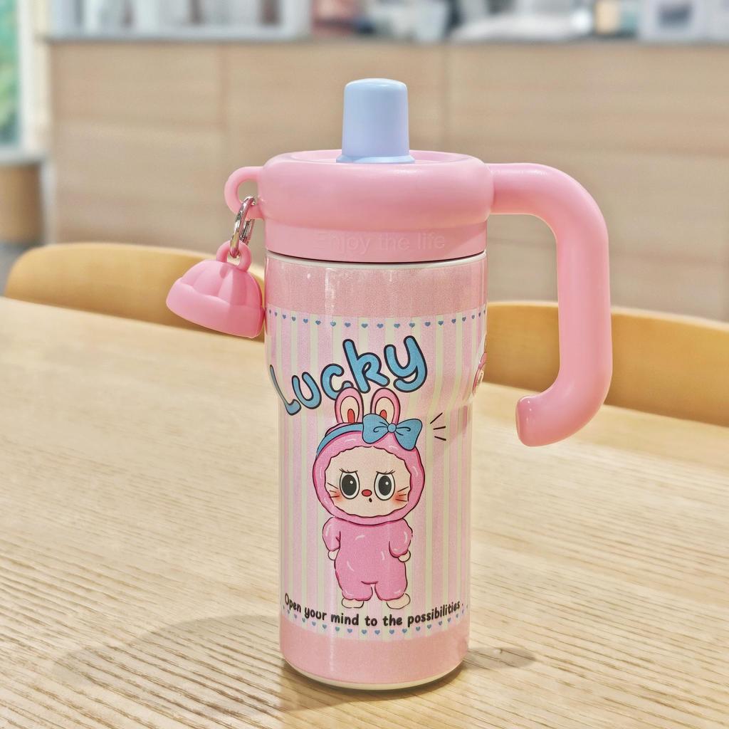 Floral Cartoon Handle Stainless Steel Vacuum Insulated Cup with Tea Infuser and Straw
