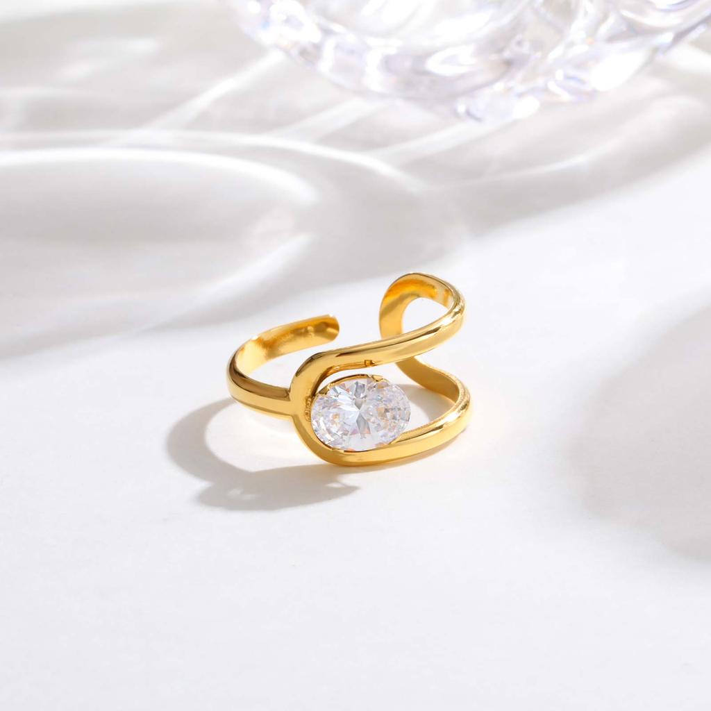 Cubic Zircon Irregular Hollow Opening Ring for Women, Geometric Twist Lines Stainless Steel Ring, Fashion Waterproof Jewelry