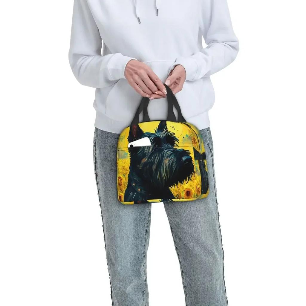 Scottish Terrier Sunflower Painting Adorable Dog Insulated Lunch Bag Cooler Thermal Food Box Tote Portable Lunch Boxes Container