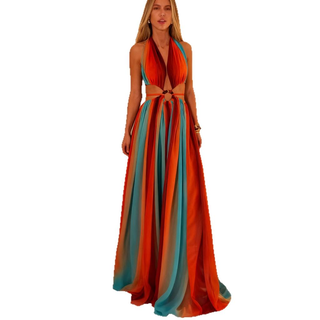 European and American women's clothing vacation beach split-ended pendulum dress sleeveless chest print woman