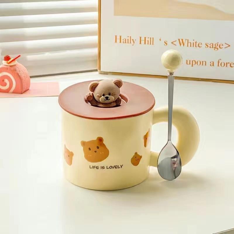 French milk fufu bear mug with lid spoon girls household cute ceramic cup couple breakfast coffee cup