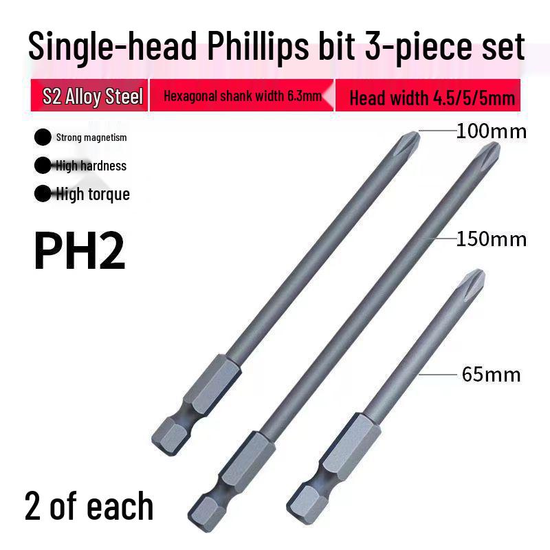 Strong Magnetic Phillips S2 Single Head Hex Shank Screwdriver Bit for Hand Drill - Super Hard, Small Head.